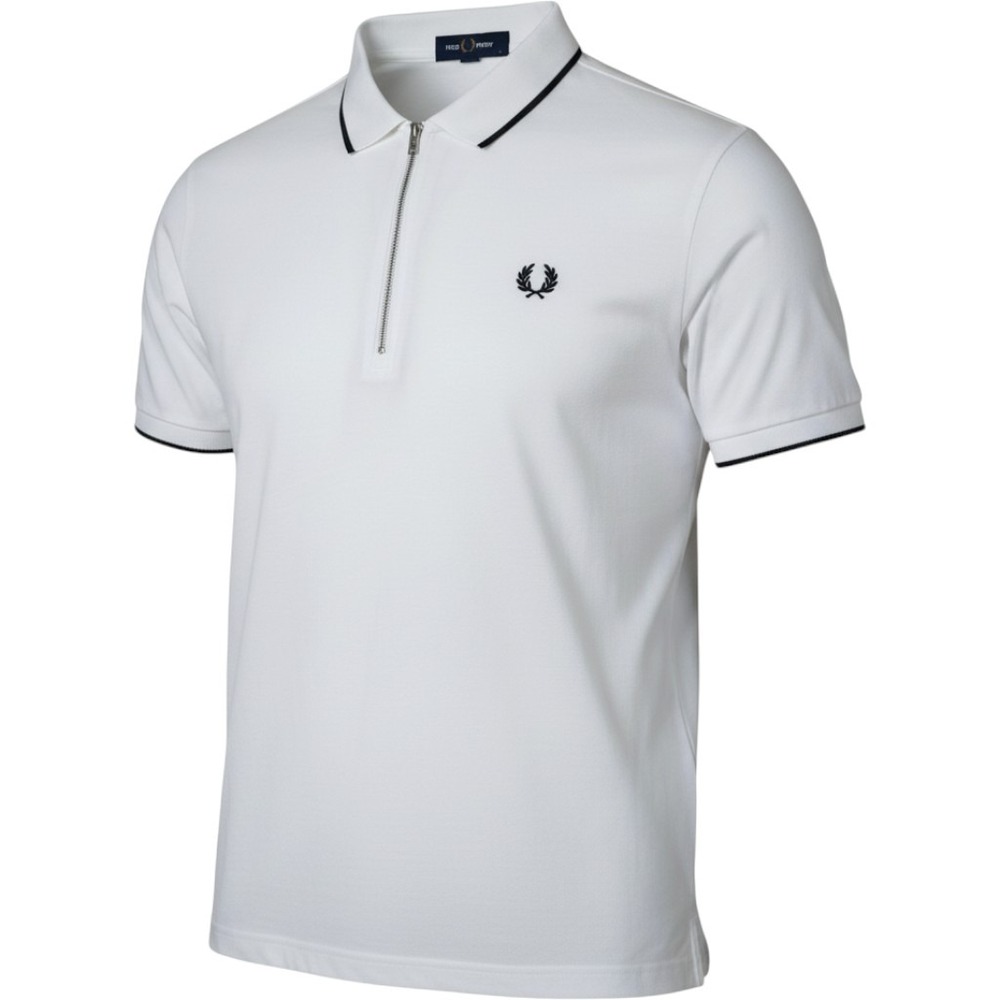 Fred Perry Polo Shirt Mens L White Cotton Zip Neck Pique Tipped Minimalist Sport